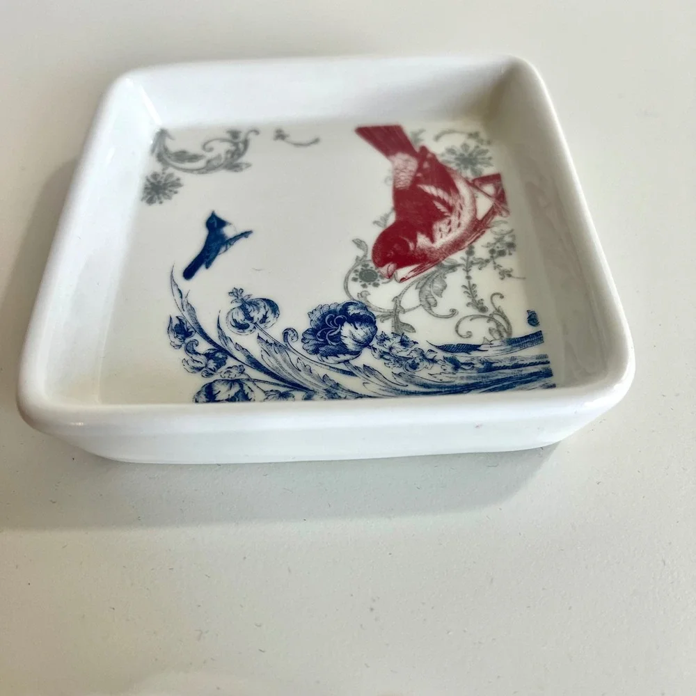 Charming Bird Floral Square Trinket Dish‎ Decor Ceramic Red Blue Gray White